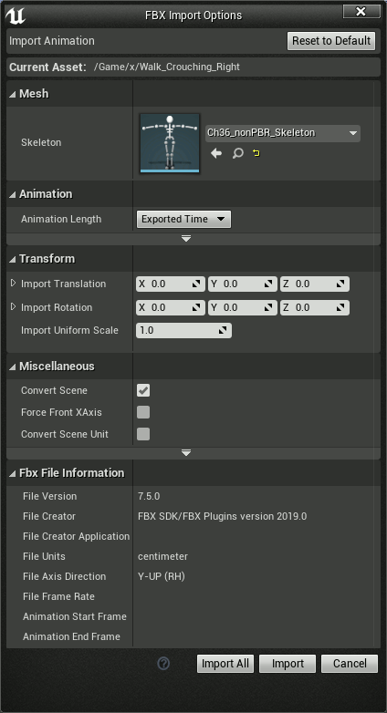 UE4 FBX Import Options for a Mixamo animation. Default settings, set Skeleton to the skeleton of the matching Mixamo character