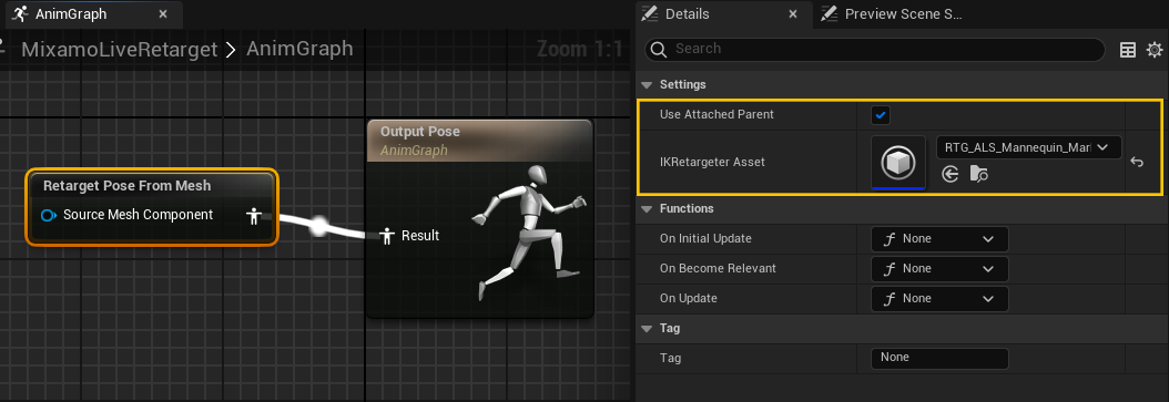  Setting up a Retarget Pose node in the Animation Blueprint graph