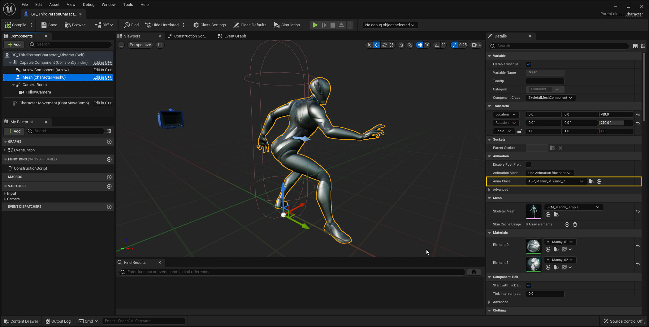Setting up the third person character Blueprint with the modified Animation Blueprint