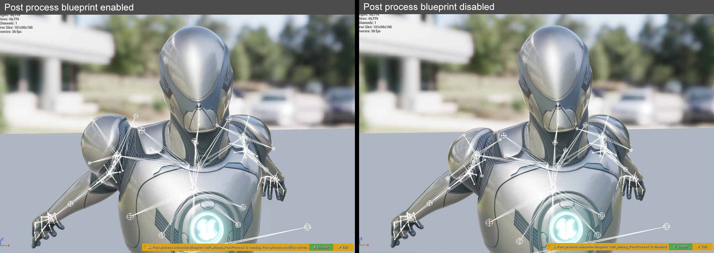 Comparison with the Post Process Animation blueprint enabled and disabled
