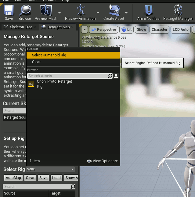 Set the Humanoid rig to the UE4 Mannequin