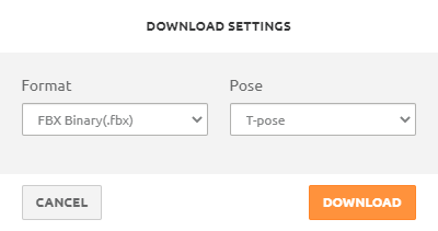 Mixamo character download settings: FBX Binary, T-pose