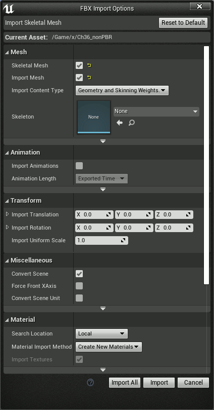 UE4 FBX Import Options for a Mixamo character. Default settings, enable Skeletal Mesh and Import Mesh, leave Skeleton to None