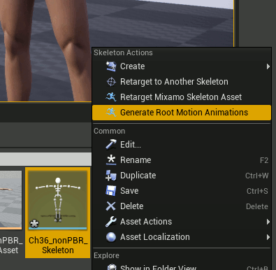 The Generate Root Motion Animations action to convert Mixamo animations to UE4 Root Motion animations