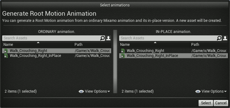 The "Select Animations" dialog, where you must select the matching pair of normal and in-place animations