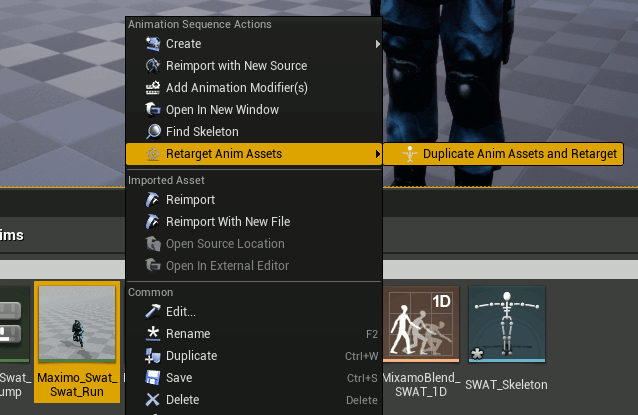 Run the "Retarget Anim Assets" > "Duplicate Anim Assets and Retarget" action