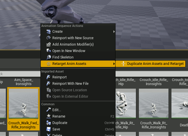 Run the "Retarget Anim Assets" > "Duplicate Anim Assets and Retarget" action