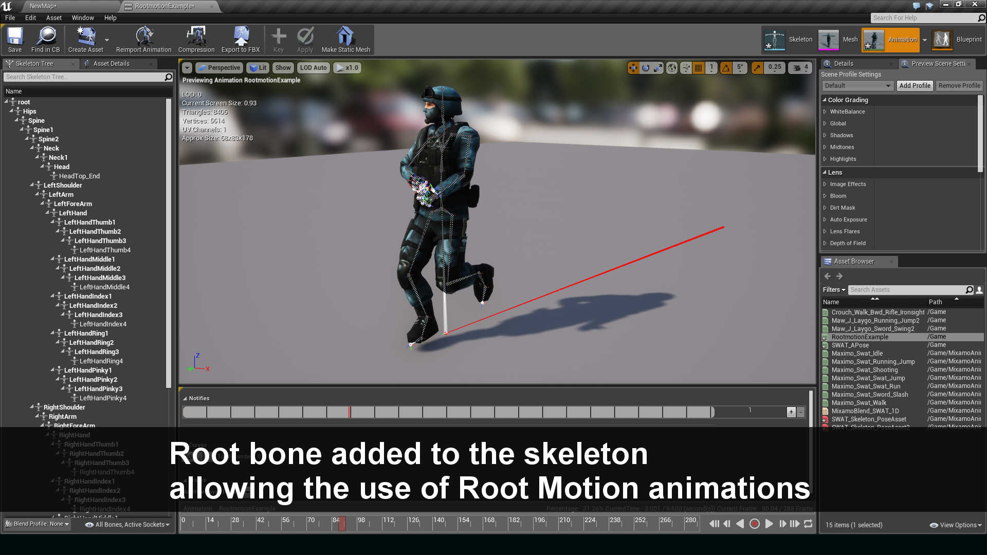 Root bone added to the skeleton allowing the use of Root Motion animations