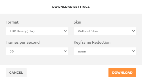 Mixamo animation download settings: FBX Binary, Without Skin