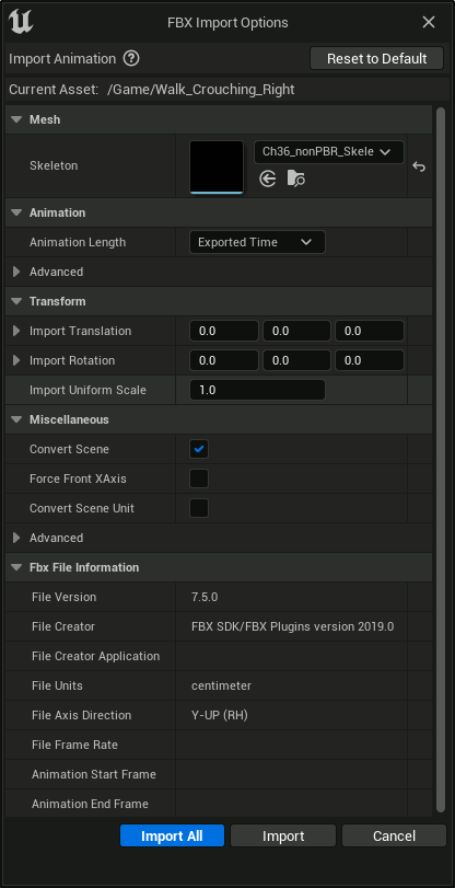 UE5 FBX Import Options for a Mixamo animation. Default settings, set Skeleton to the skeleton of the matching Mixamo character