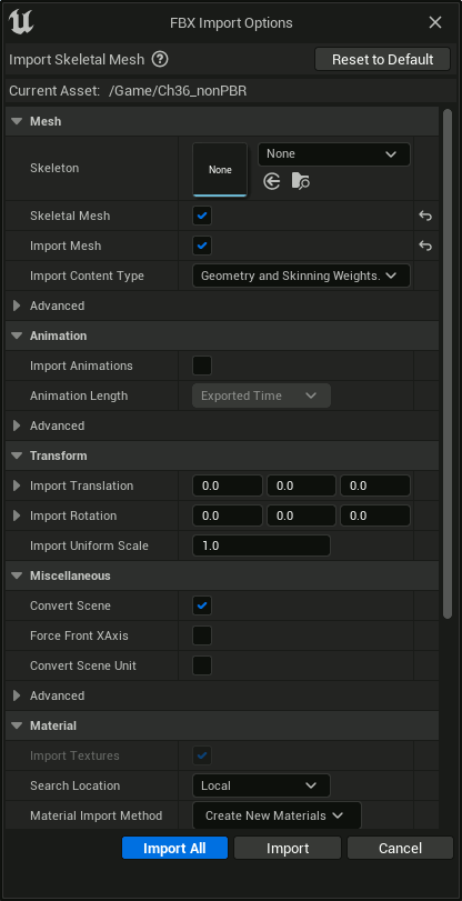 UE5 FBX Import Options for a Mixamo character. Default settings, enable Skeletal Mesh and Import Mesh, leave Skeleton to None