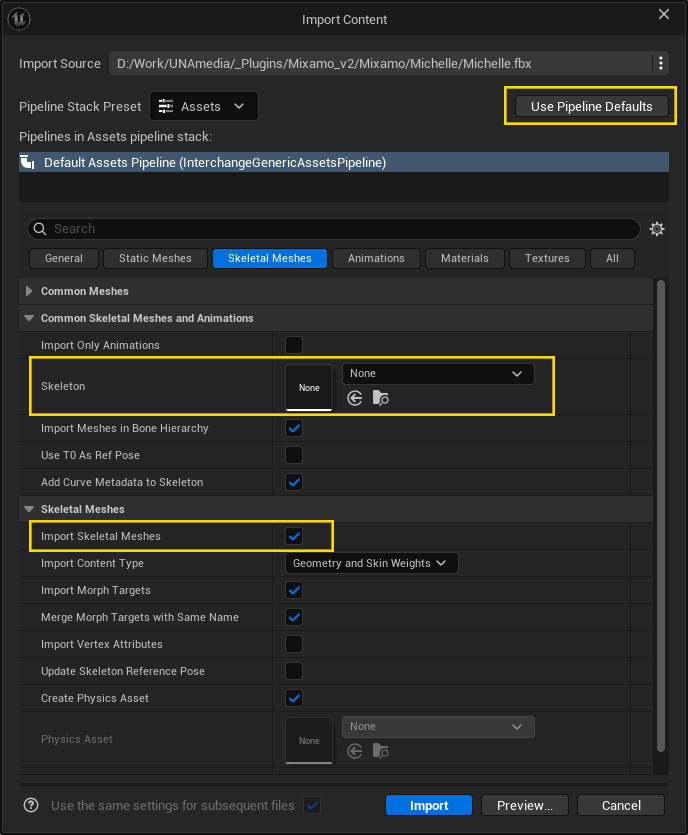 UE5 FBX Import Options for a Mixamo character. Default settings, enable Skeletal Mesh and Import Mesh, leave Skeleton to None