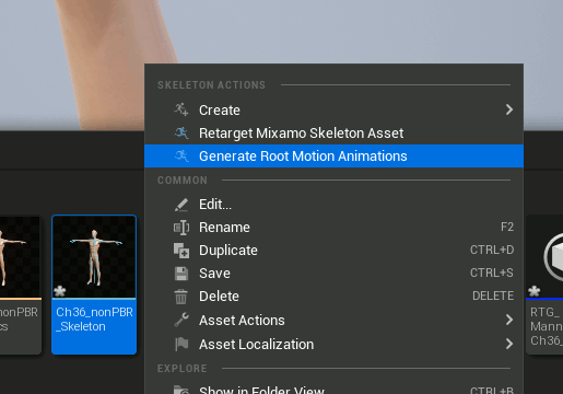 The Generate Root Motion Animations action to convert Mixamo animations to UE5 Root Motion animations
