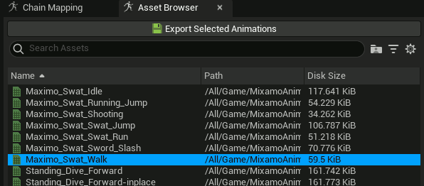 Select an animation in the Asset Browser