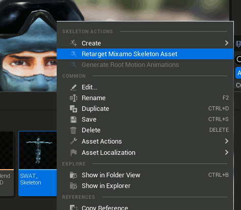 Run the Retarget Mixamo Skeleton Asset action on the Mixamo skeleton