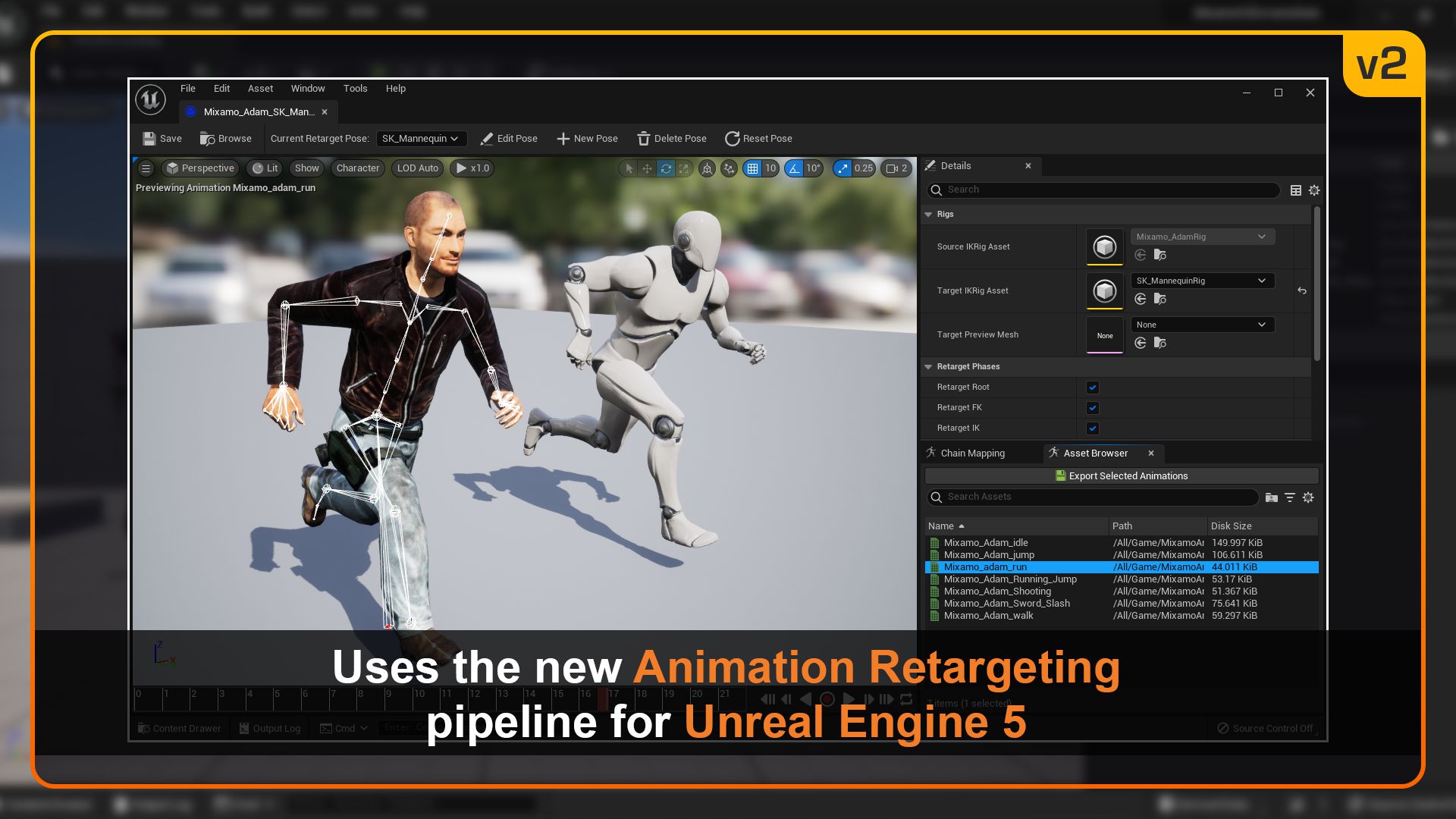 Uses the new Animation REtargeting pipeline for Unreal Engine 5